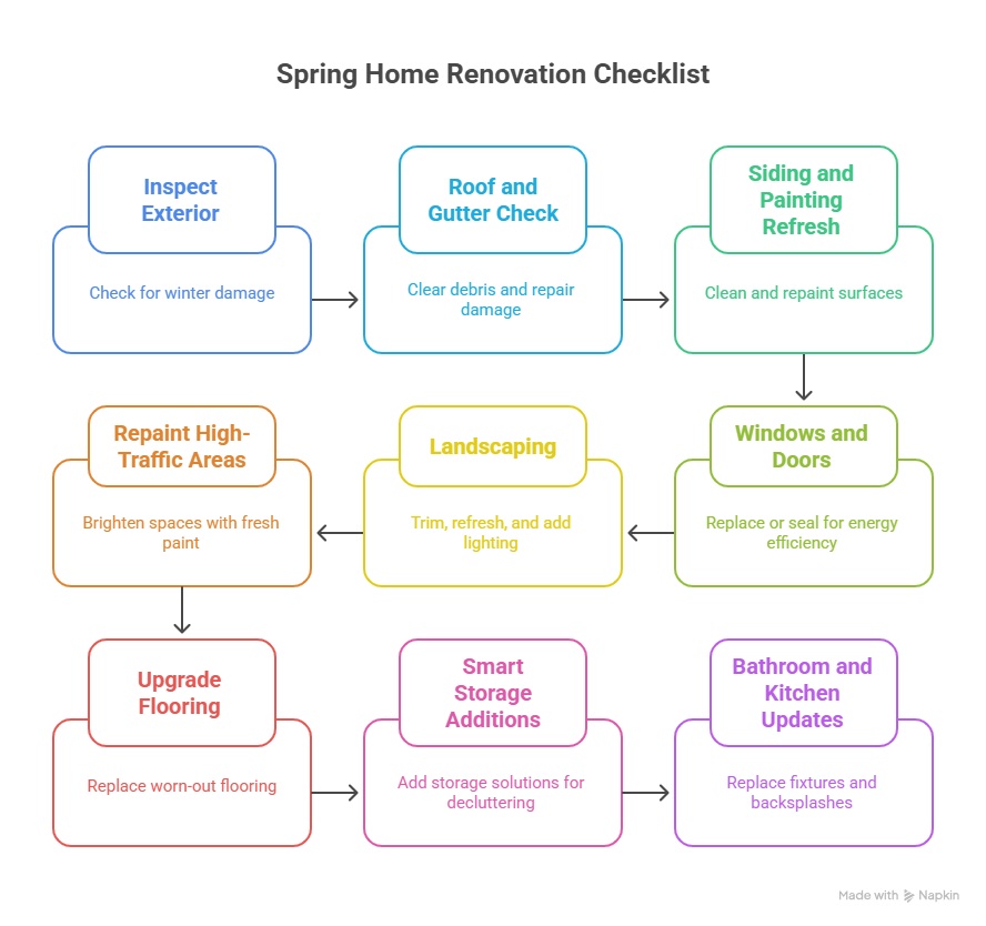 Spring renovation tips checklist for Ontario homes showing exterior inspection, roof and gutter check, siding refresh, landscaping, windows, repainting, flooring, storage, and kitchen or bathroom updates.