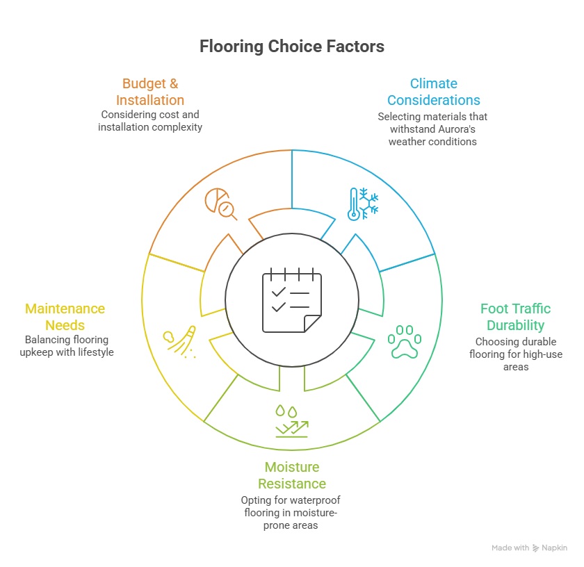 Key flooring choice factors for Aurora renovations including budget, climate, moisture resistance, maintenance, and foot traffic durability.