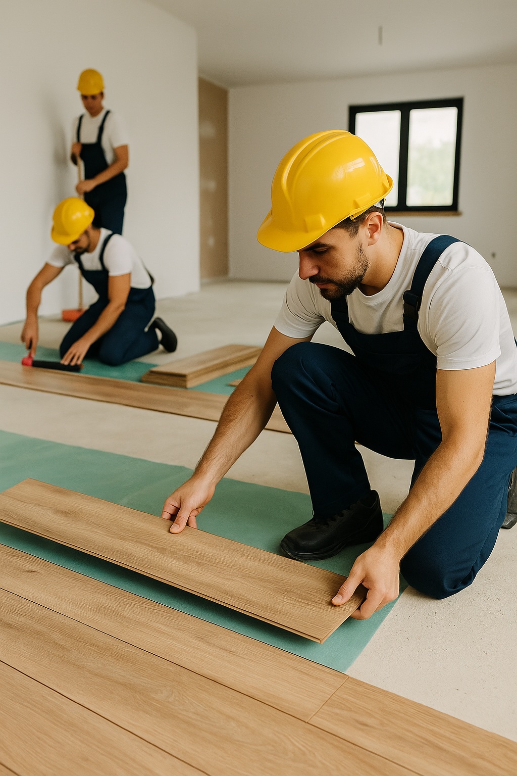 Professional flooring installation in Aurora showing workers laying laminate wood planks during a residential renovation project.