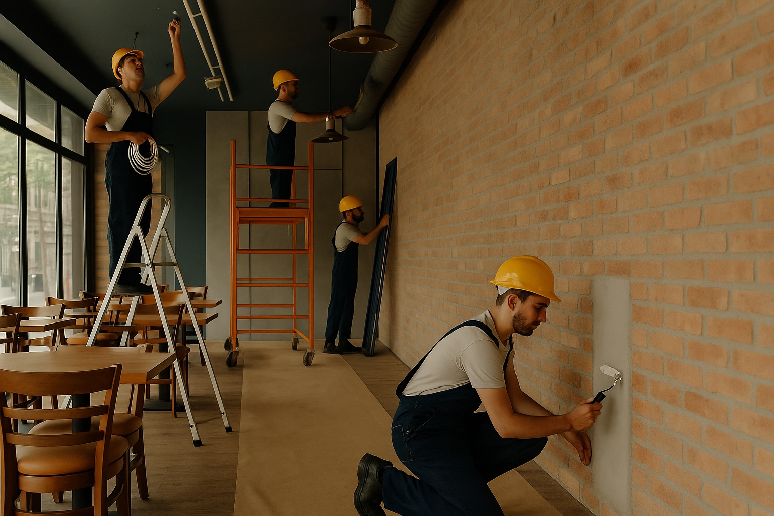 Team of workers renovating a restaurant interior with painting, wiring, and lighting installation, showcasing expert restaurant renovations.
