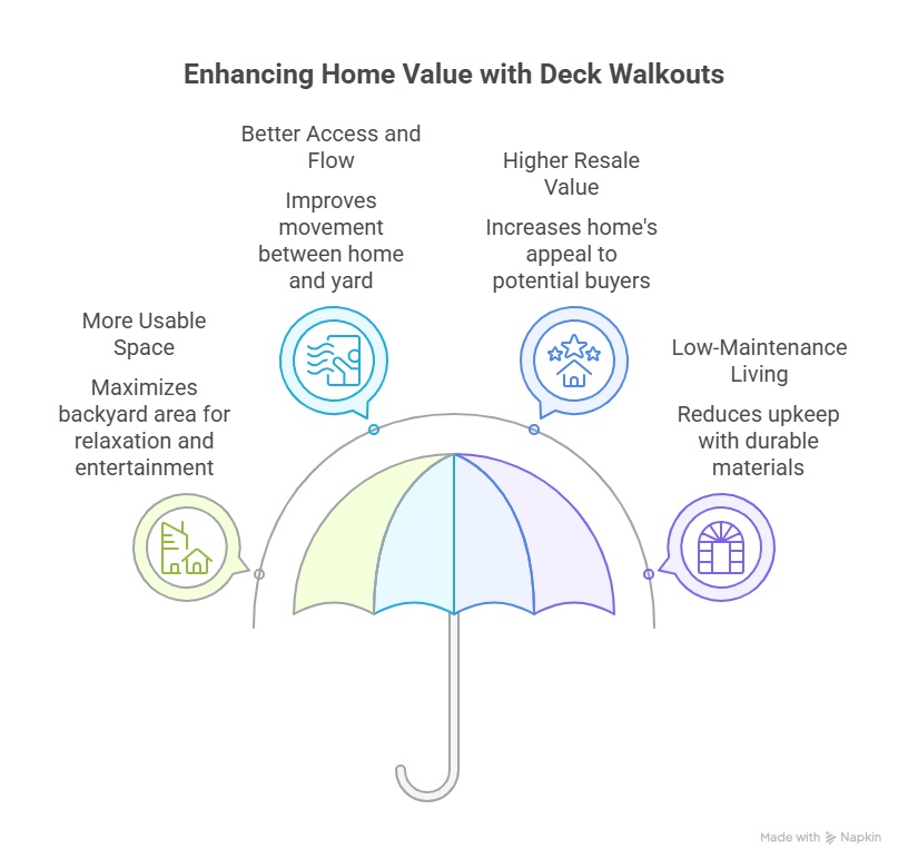 Infographic highlighting benefits of Building a Deck With Basement Walkout in Ontario, including more usable space, better access, higher resale value, and low-maintenance living.