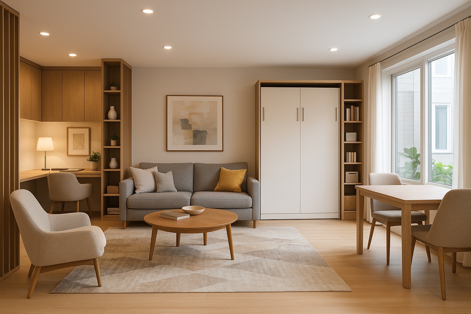Multifunctional living space with Murphy bed, built-in desk, and modular furniture in a modern Ontario home designed for remote work and flexible use.