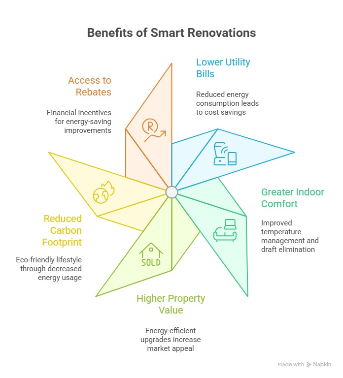 Infographic showing benefits of Smart Renovation Choices including lower utility bills, greater indoor comfort, higher property value, carbon reduction, and access to energy rebates.