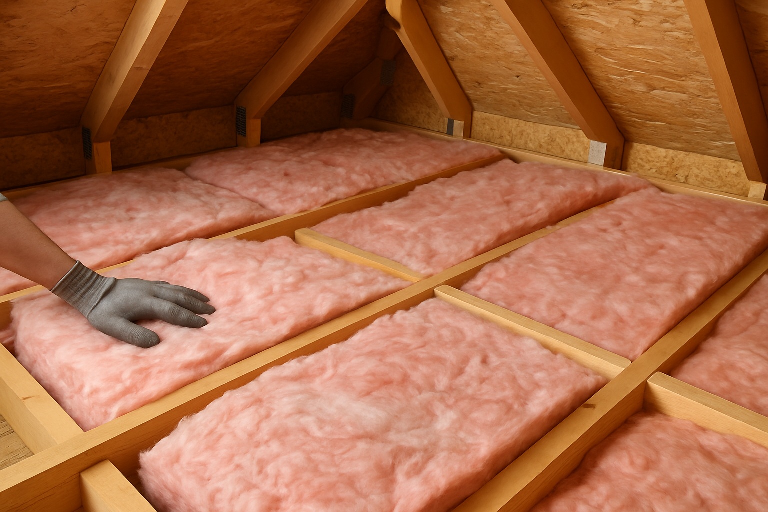 Attic insulation installation with pink fiberglass batts for improved energy efficiency and year-round comfort in Ontario homes.