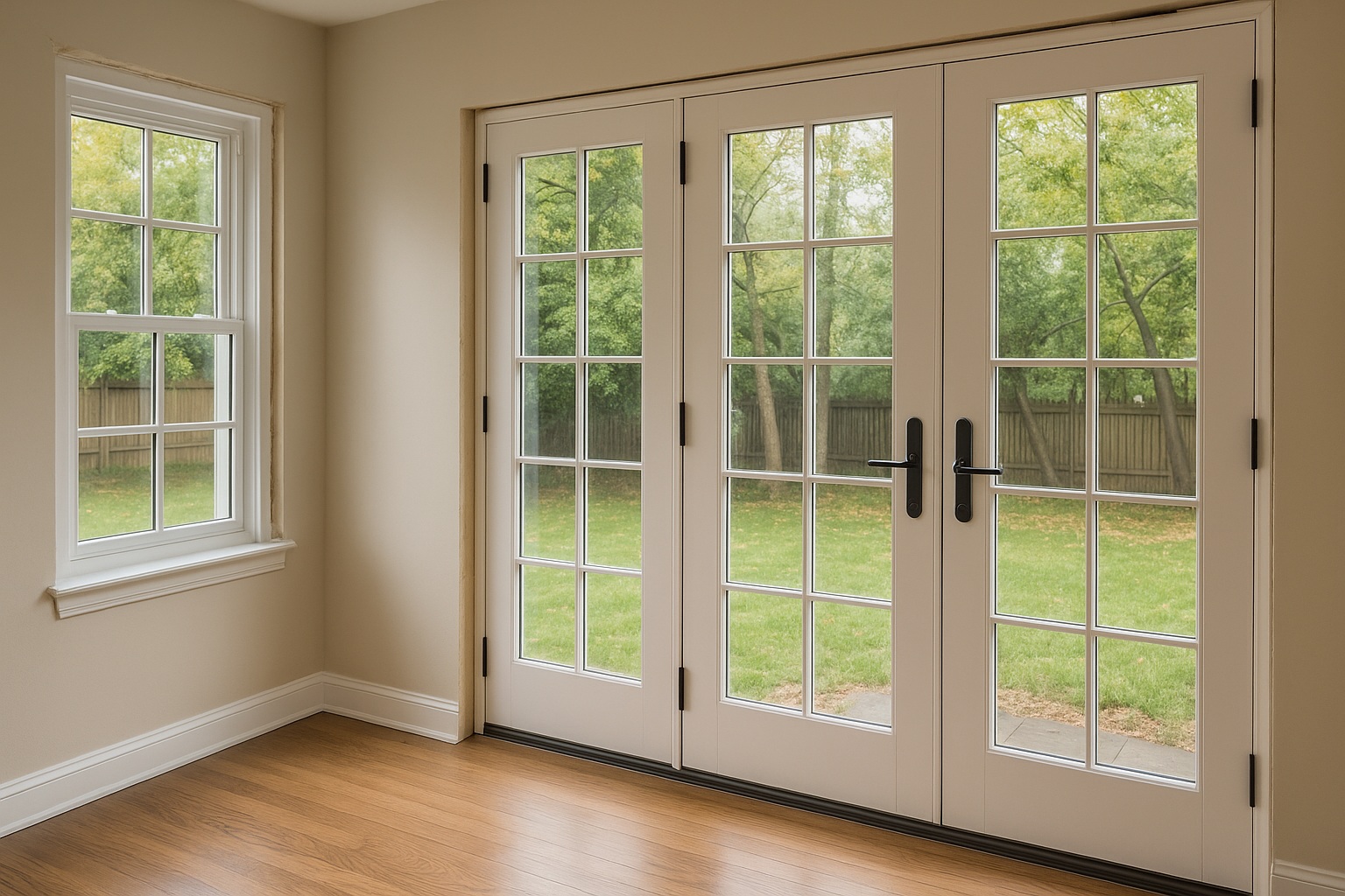 Energy-efficient windows and French doors with insulated glass, enhancing natural light and reducing energy loss in Ontario homes.