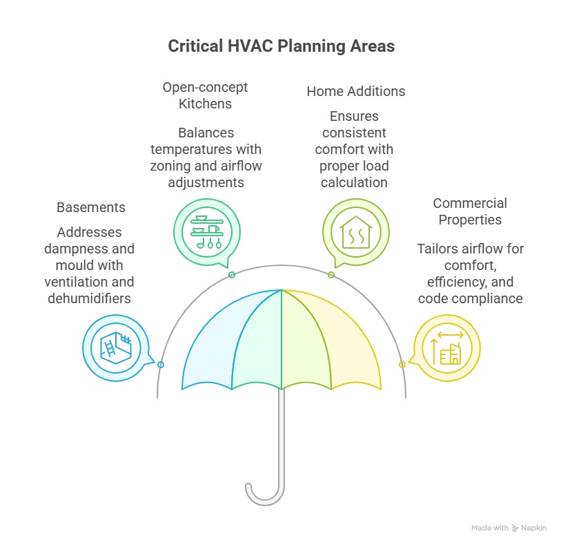Infographic showing critical HVAC planning areas including basements, open-concept kitchens, home additions, and commercial properties for proper heating and cooling design in Ontario renovations
