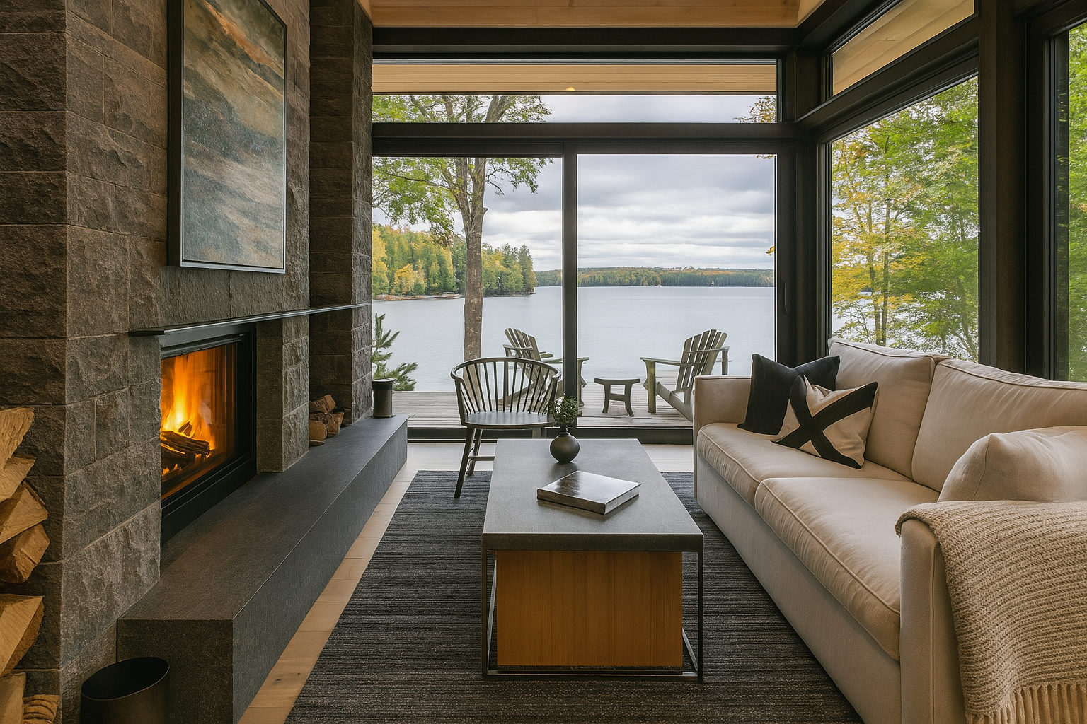 Renovated cottage living space featuring a modern stone fireplace, cozy sofa with neutral tones, full-height glass windows, and expansive lakefront views