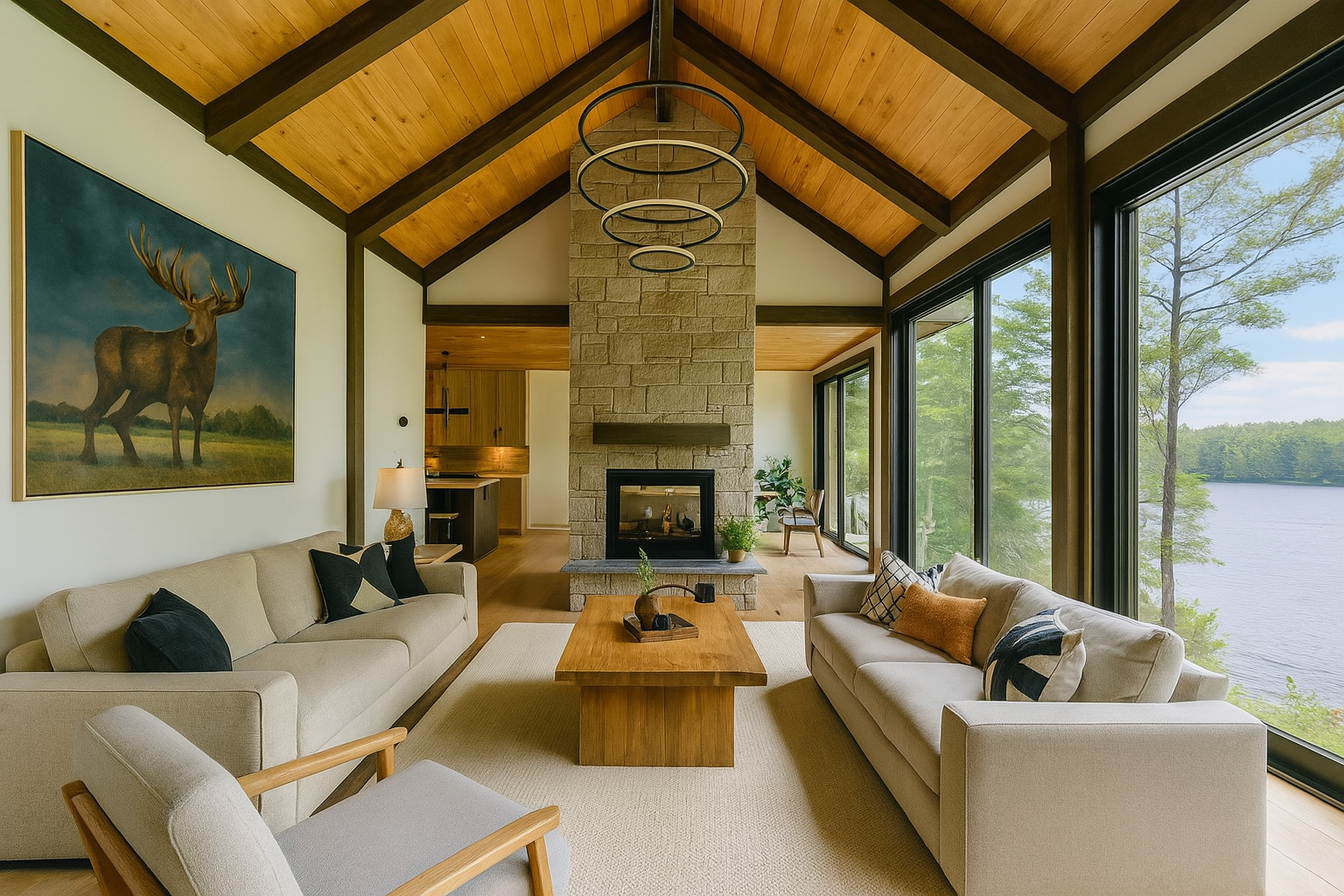 Renovated cottage living room featuring full-height lakeview windows, exposed wood beams, a central stone fireplace, and warm contemporary furnishings