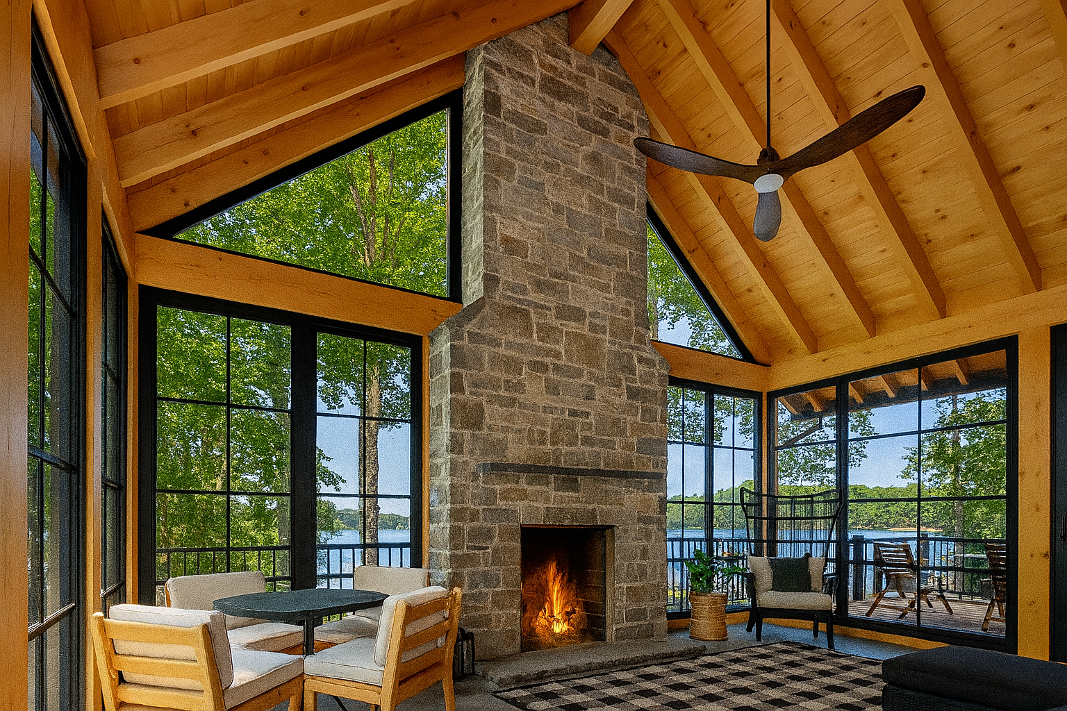 Renovated cottage interior featuring exposed timber ceiling, large stone fireplace, black framed windows, and scenic views of the lake and surrounding trees