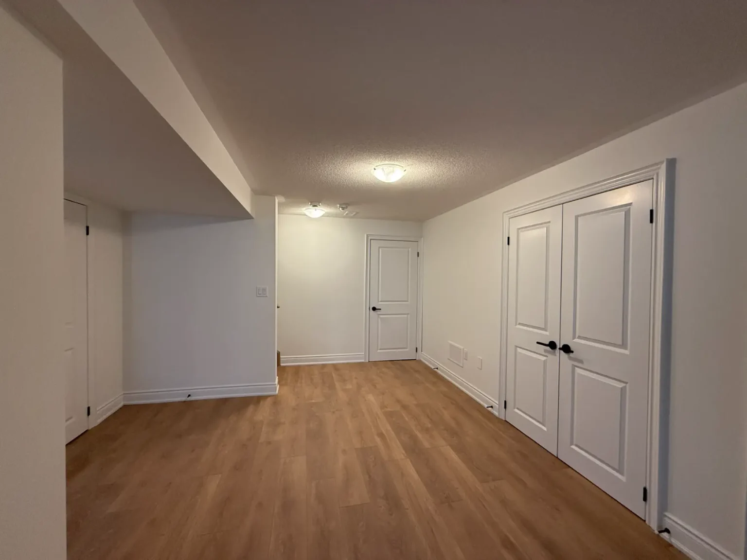 Renovated basement hallway featuring light wood plank flooring, white trim, and multiple white-panel doors for closet and room access