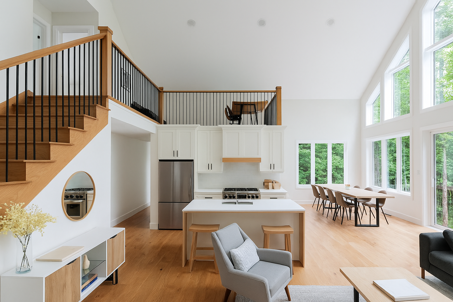 Bright open-concept cottage interior featuring white cabinetry, wood accents, vaulted ceiling, loft workspace, and large windows overlooking the forest