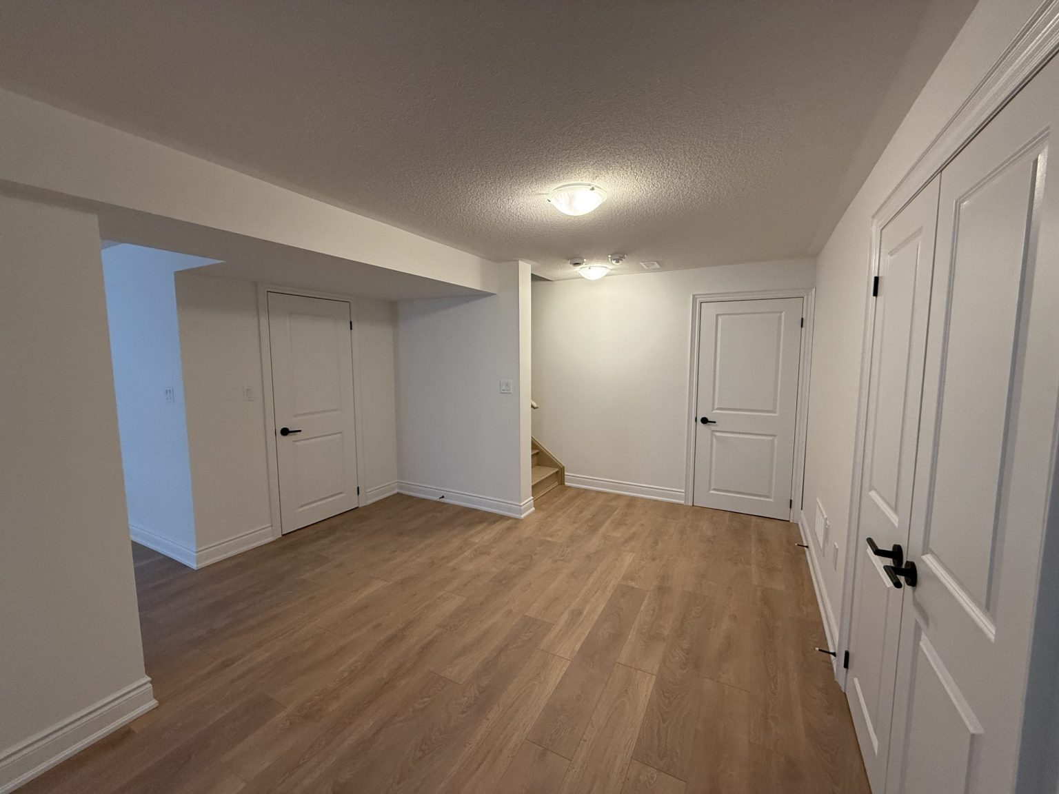 Bright basement corridor featuring light wood plank flooring, recessed lighting, white-paneled doors, and a small staircase leading to the upper level