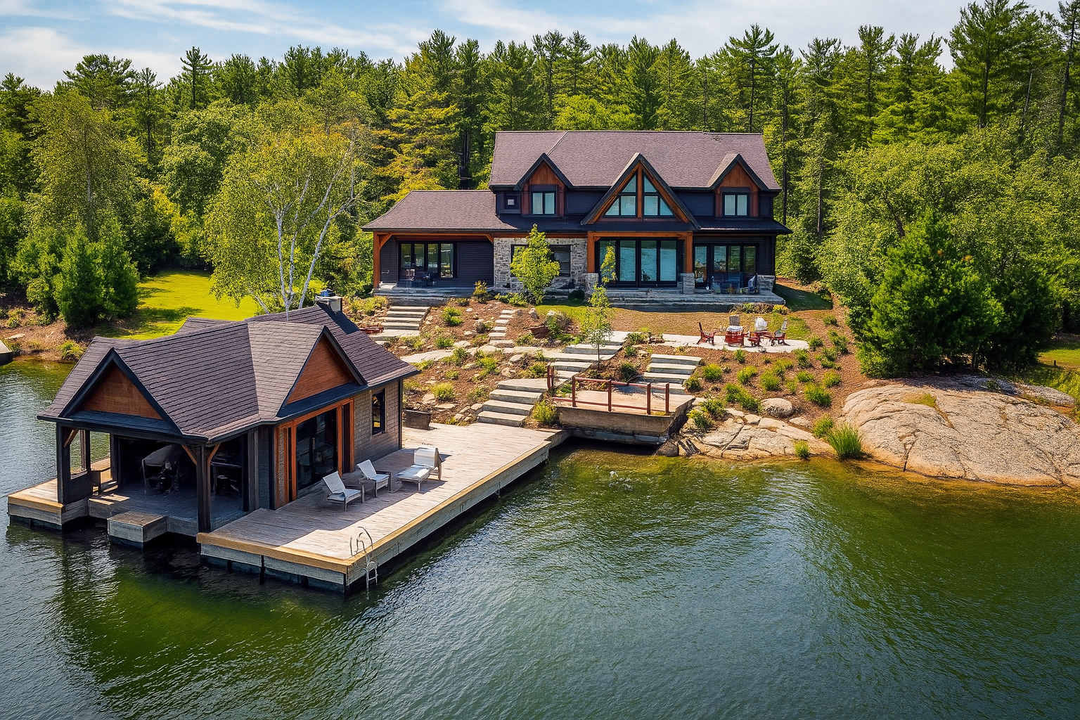 Cottage renovation showcasing modern lakeside home with upgraded landscaping, boathouse deck, and tiered stone steps leading to a fire pit and shoreline lounge area