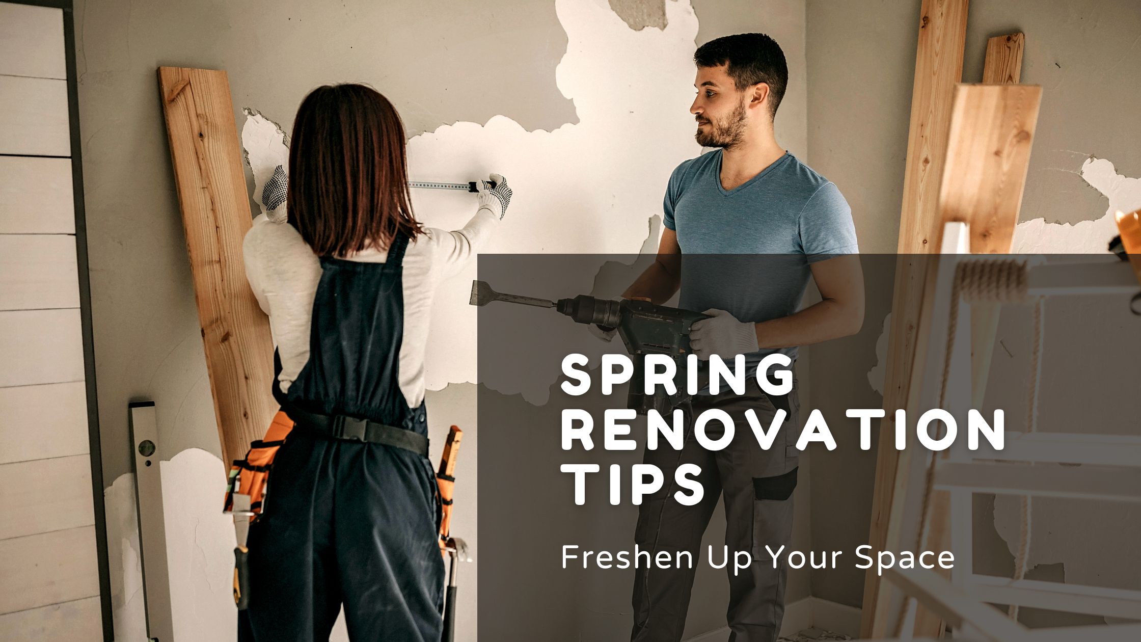 Couple working on home improvements, measuring and drilling walls, showcasing spring renovation tips for Ontario homeowners to freshen up their space.