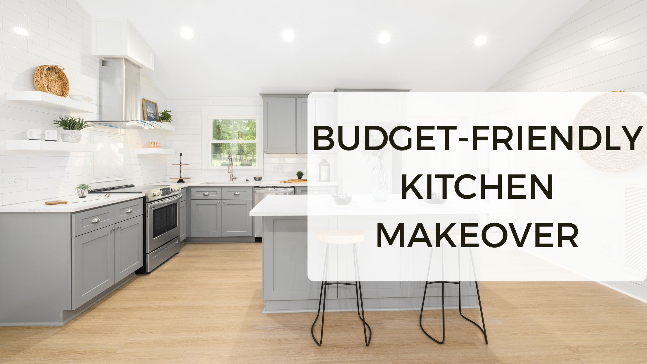 Bright modern kitchen with grey cabinets and white countertops showcasing a Budget-Friendly Kitchen Makeover in King City.